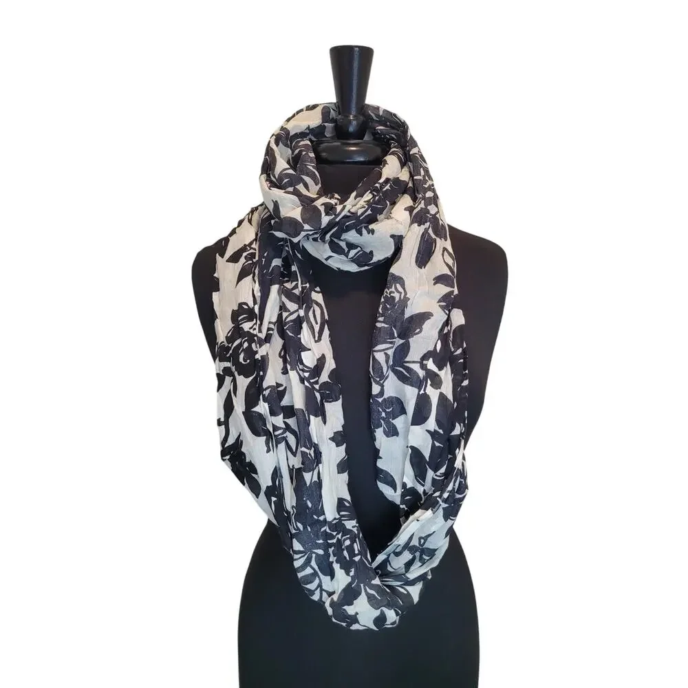 Big Buddha Floral Infinity Scarf Black White Botanical Boho Layering Minimalist